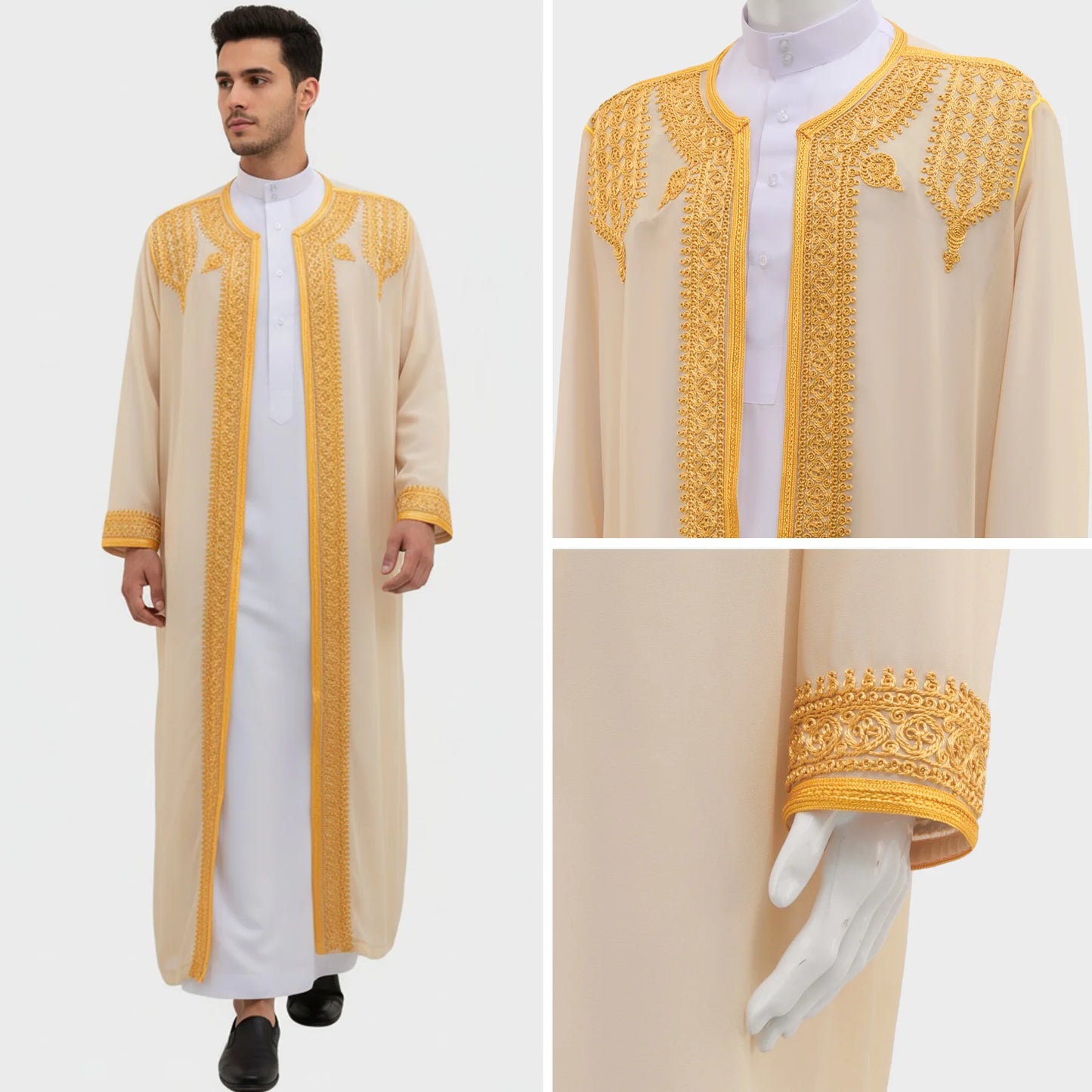 Middle Eastern Traditional Arabic Men's Robe Embroidered Thobe Thoub Dishdasha Jubba Eid Djellaba Open Kimono Abaya Saudi Robes