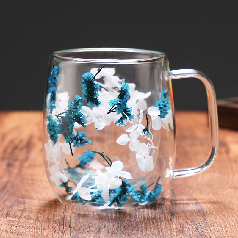 Dried Flower Coffee Mug Double Wall Glass Cup Home Party Cups Cafe Tea Milk Juice Cups For Mother Gift Girls Christmas Gifts