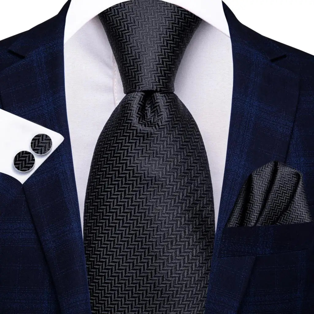 Hi-tie Design Black Solid Dot Silk Wedding Tie For Men Hanky Cufflink Gift Men Necktie Gravata Set Fashion Business Dropshipping