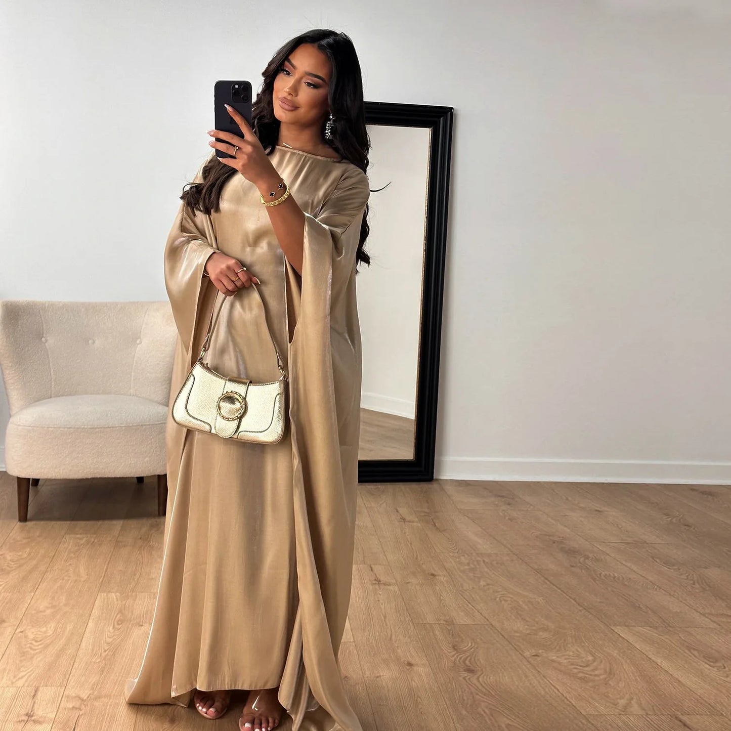 Ramadan Summer Batwing Sleeve Satin Butterfly Abaya Islam Muslim Maxi Dress Kebaya Women Kaftan Robe Musulmane Femme Vestidos