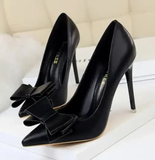 2025 Fashion Delicate Sweet Bowknot High Heel Shoes Side Hollow Pointed Women Pumps Pointed Toe 10.5CM thin Dress Shoes