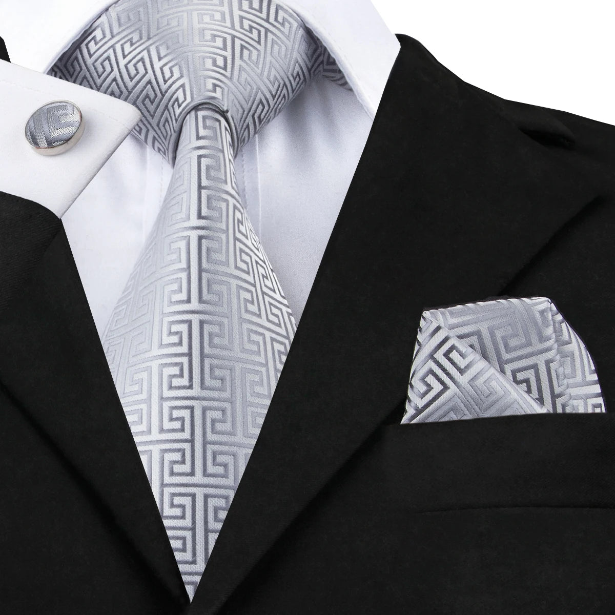 Hi-Tie New Clasic Grey Tie for Men Silk Fabric Jacquard Woven Tie Hanky Cufflinks Set for Men Designer Fashion Silk Ties SN-1466