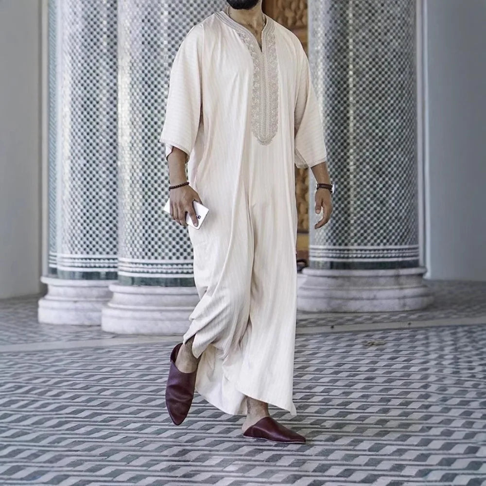 Men's Spring Muslim Thobe - Linen Blend Short Sleeve Boho Ethnic Loose Fit Casual Robe in White
