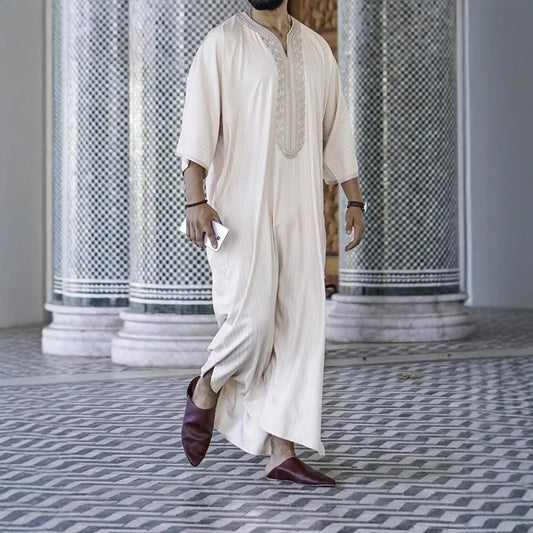 Men's Spring Muslim Thobe - Linen Blend Short Sleeve Boho Ethnic Loose Fit Casual Robe in White