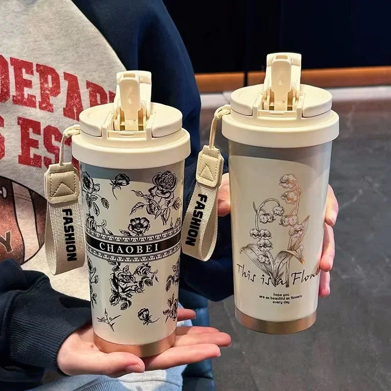Coffee Mug Woman 500ml ，Stainless Steel Vacuum Flask with Straw and Thermal Cup for Drinking Directly