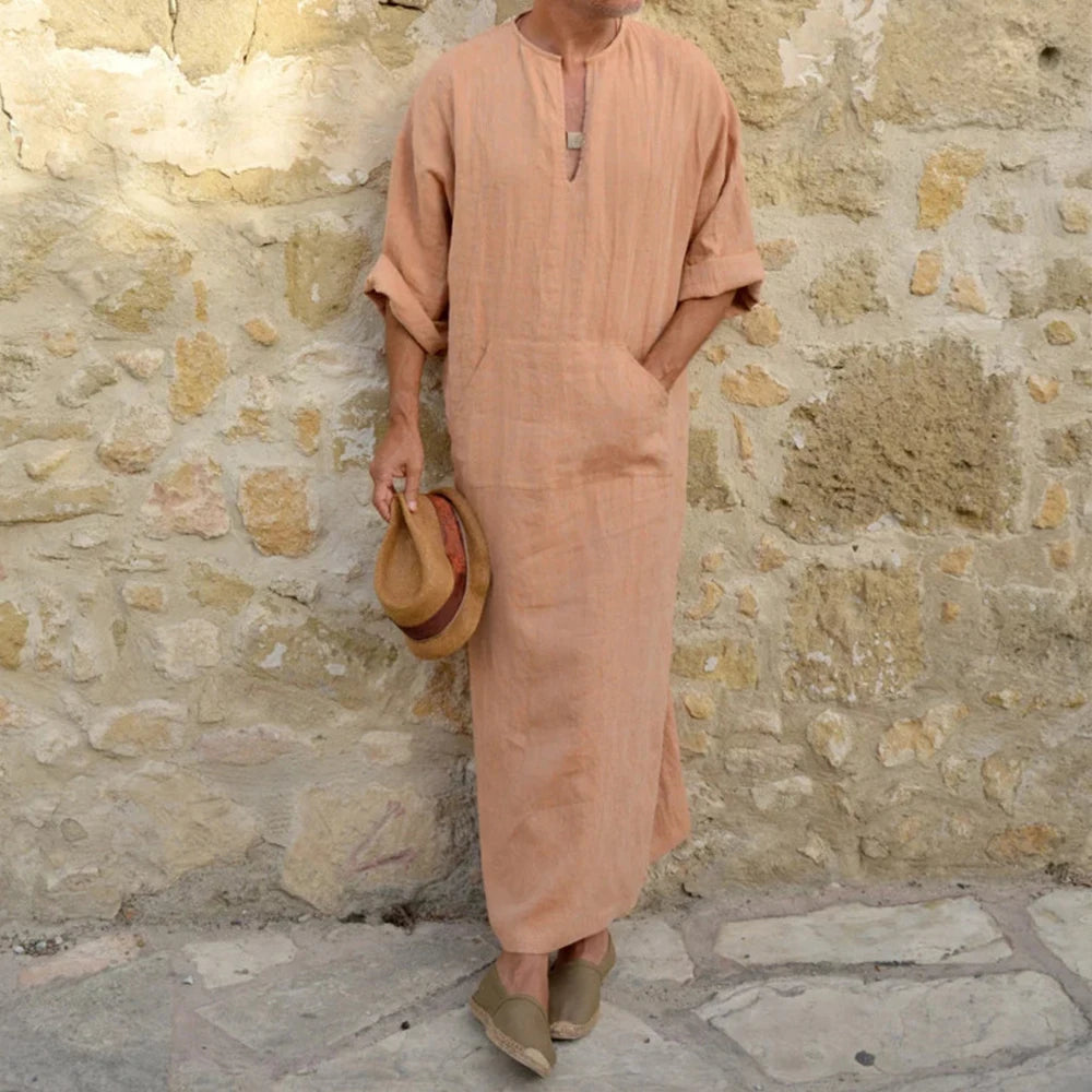 YUFEIDA Men Long Linen Jubba Thobe Kaftan Muslim Arab Islamic V-neck Long Sleeve Solid Cotton Linen Robe Muslim Arabia Man Abaya