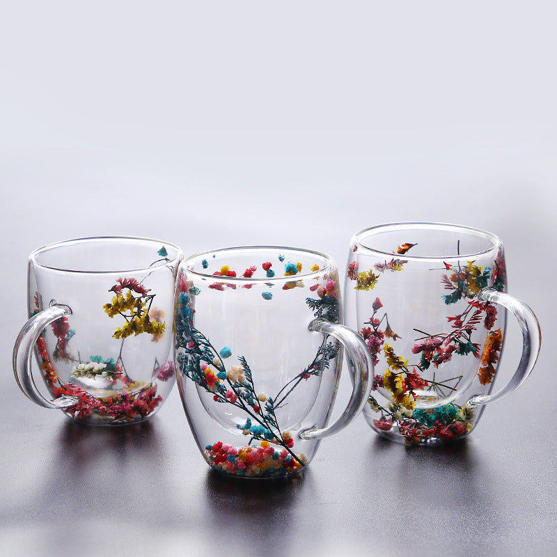 350ml Double Wall Glass Coffee Mug with Handles Clear Milk Cups Gifts Glass Cup Fill Artificial Simulation Flowers Teacup Gift