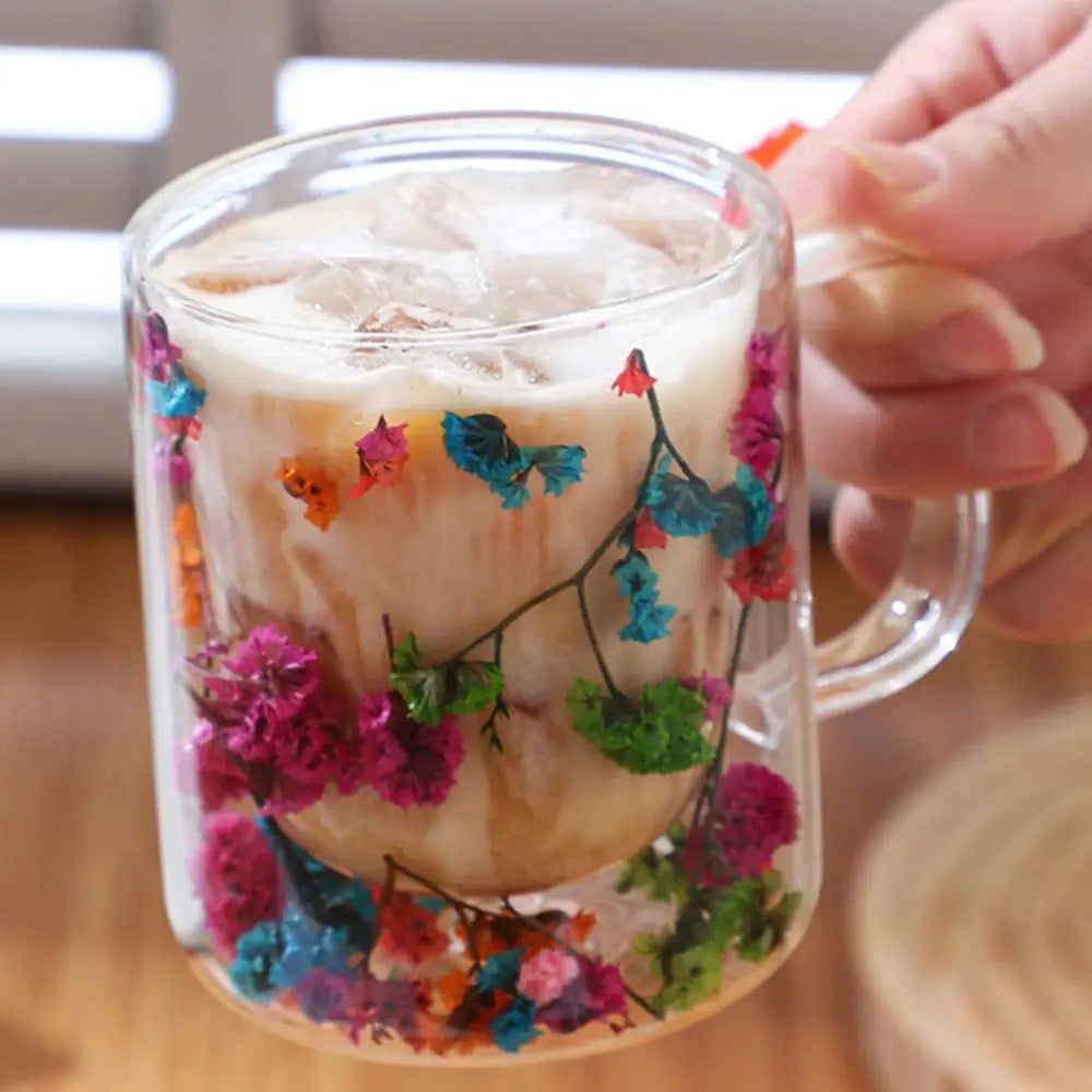 250ml Double Wall Glass Coffee Mug Dried Flowers Heat-Resistant Glasses Cup Flower Glass Mug Flower Decorated Coffee Cup tea cup