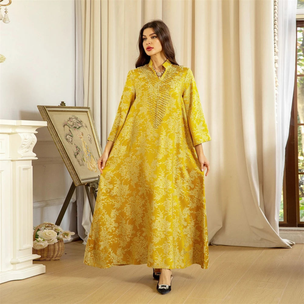 Dubai Women Muslim Maxi Dress Beads Party Gown Turkey Caftan Marocain Femme Robe