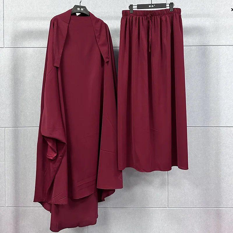 2PCS Women Eid Hooded Muslim Hijab Dress Set Prayer Garment Robes Abaya Khimar Full Cover Ramadan Gown Abayas Islamic Clothing