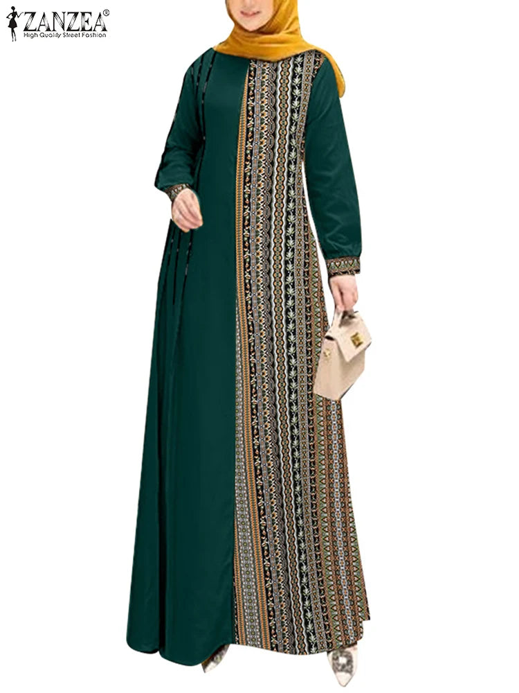 ZANZEA Women Ethnic Printed Panels Maxi Dress Long Sleeve Hijab O Neck Muslim Islamic Patchwork Vestidos Loose Casual Abaya Robe