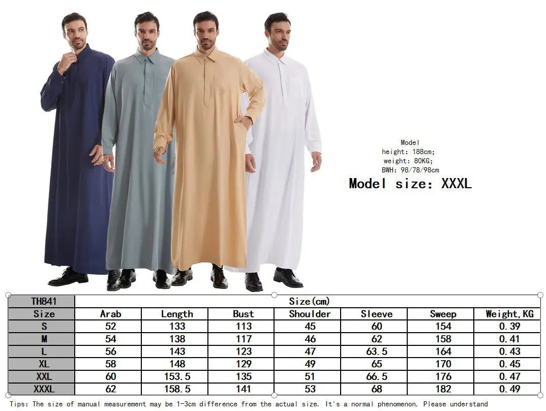 Mens Robe Long Sleeve Saudi Abaya Arabic Thobe Jubba Thoub Dubai Daffah Kaftan Middle East Islam Thawb Jubba Muslim Dress Caftan