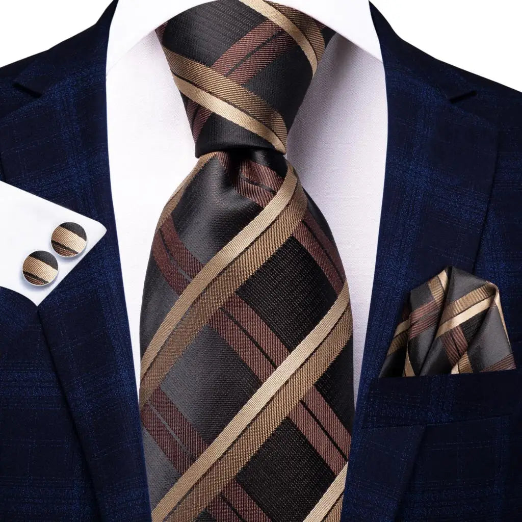 Hi-Tie Plaid Silk Tie For Men Elegant Mens Blue Grey Necktie Pocket Square Cufflink Groom Wedding Accessory Wholesale Designer