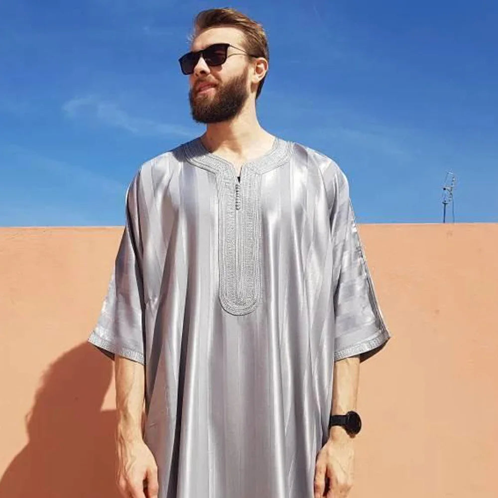 New Muslim Jubba Thobe Clothes Men Hoodie Ramadan Spring Autumn Abaya Dubai Turkey Islamic Clothing Male Casual Loose Red Stripe
