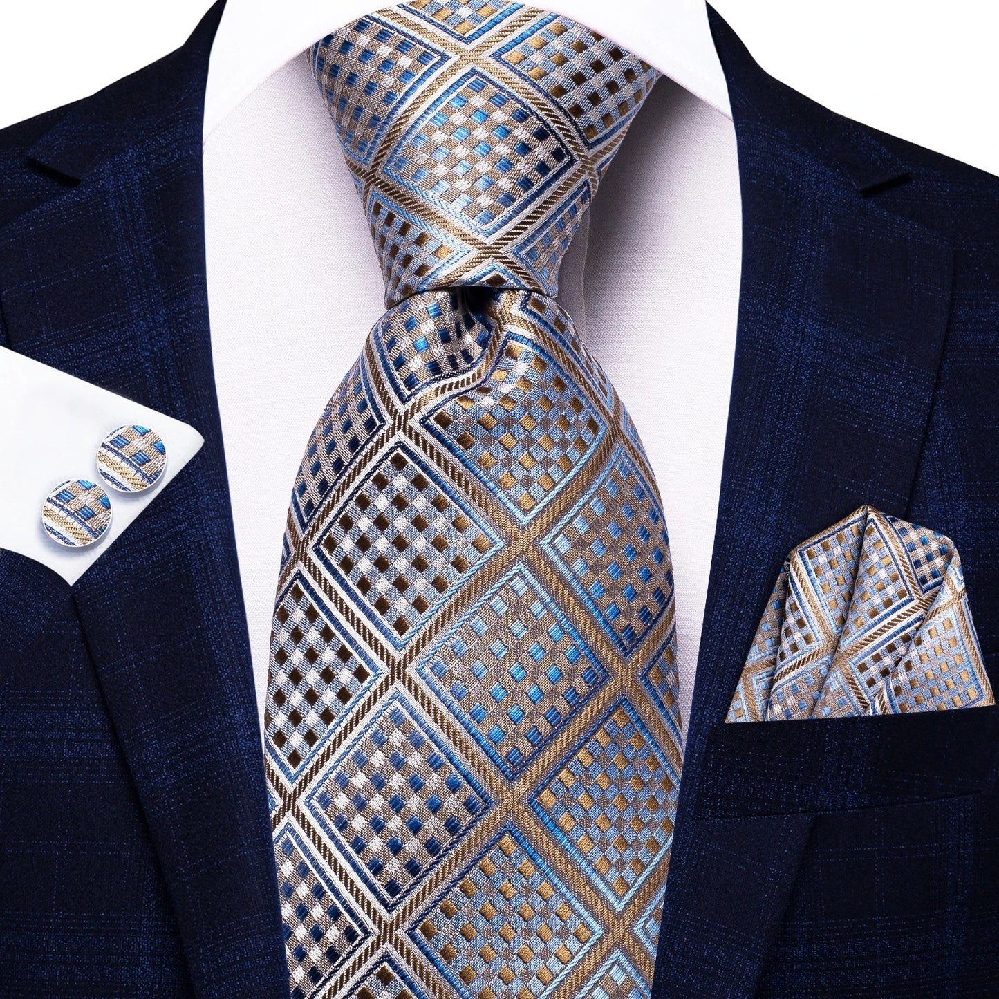 Hi-Tie Fashion 8.5cm Black Plaid Dots Men's Elegant Tie Handkerchief Cufflinks Set Wedding Party Accessories Gift for Men Gravat