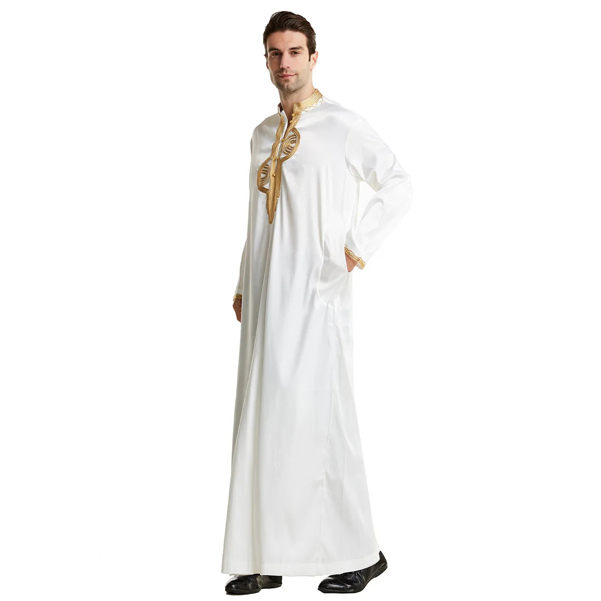 1pcs/lot man fashion embroidery muslim long robe man stand collar long sleeve jubba thobe