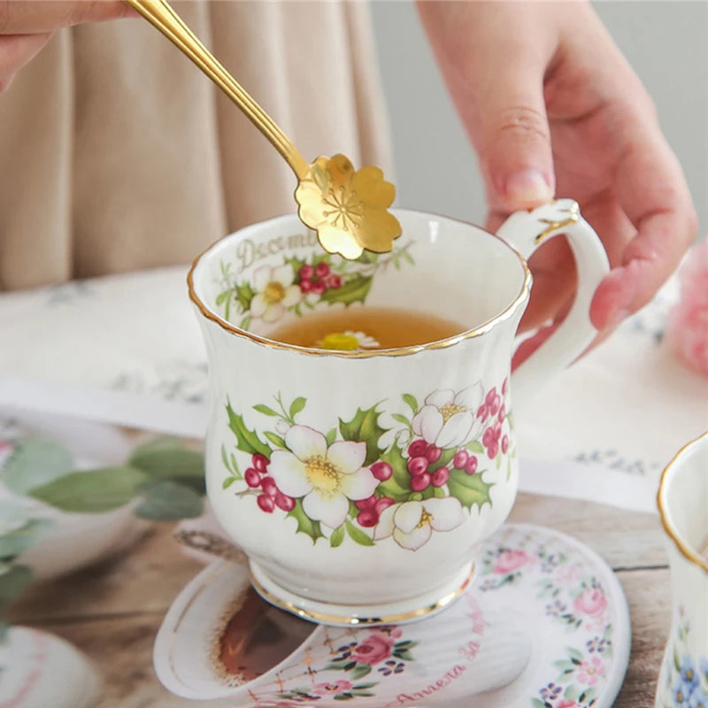Retro Coffee Mug Ceramic Exquisite Seasonal Flower Printed Couple Cup Bone China Creative Gift Home Drinkware Breakfast Milk Mug