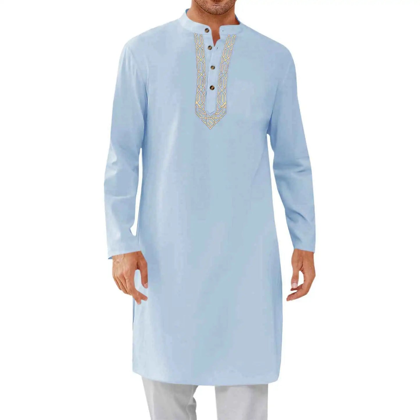 Eid Muslim Shirt Men Modest Tops Long Sleeve Button Embroidery Dubai Saudi Prayer Kaftan Robe Male Shirts Islamic Ramadan