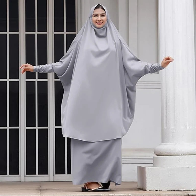 2PCS Women Eid Hooded Muslim Hijab Dress Set Prayer Garment Robes Abaya Khimar Full Cover Ramadan Gown Abayas Islamic Clothing