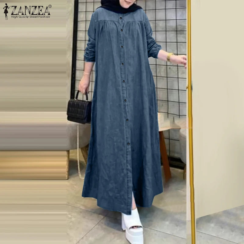 ZANZEA Ramadan Hijab Dresses Muslim Abaya Robe Femme Casual Long Sleeve Kaftan IsIamic Vestidos Women Denim Blue Maxi Dress 2025