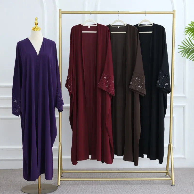Luxury Dubai Abaya with Beaded Bow Modest Dress for Muslim Women Elegant Open Front Cover Cardigan Fashion Plain Turkey Outfit