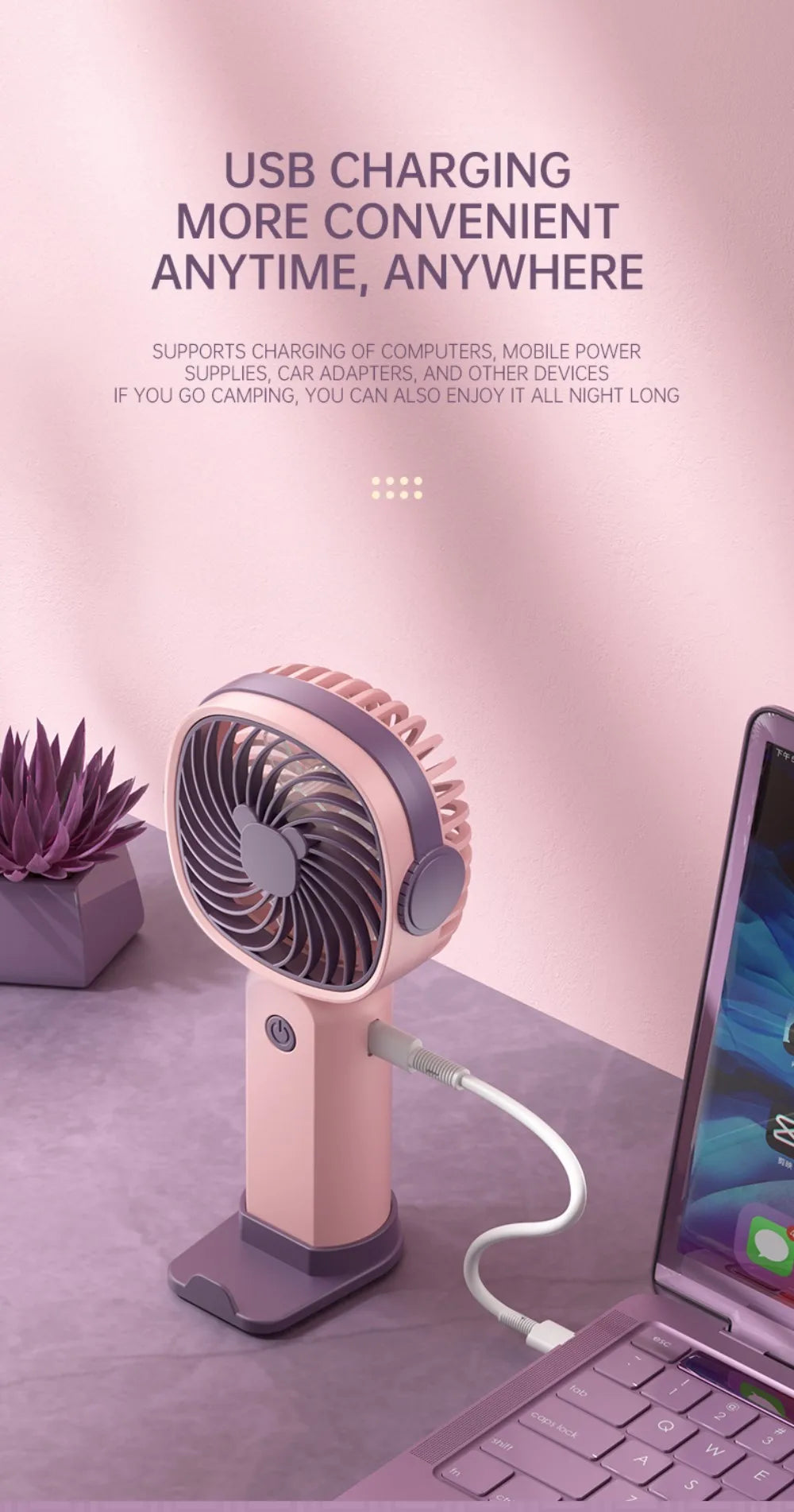 Mini Outdoor Handheld Fan with Desktop Phone Holder 3-speed Adjustable Wind Speed Portable Desktop Fan USB Charging Electric Fan