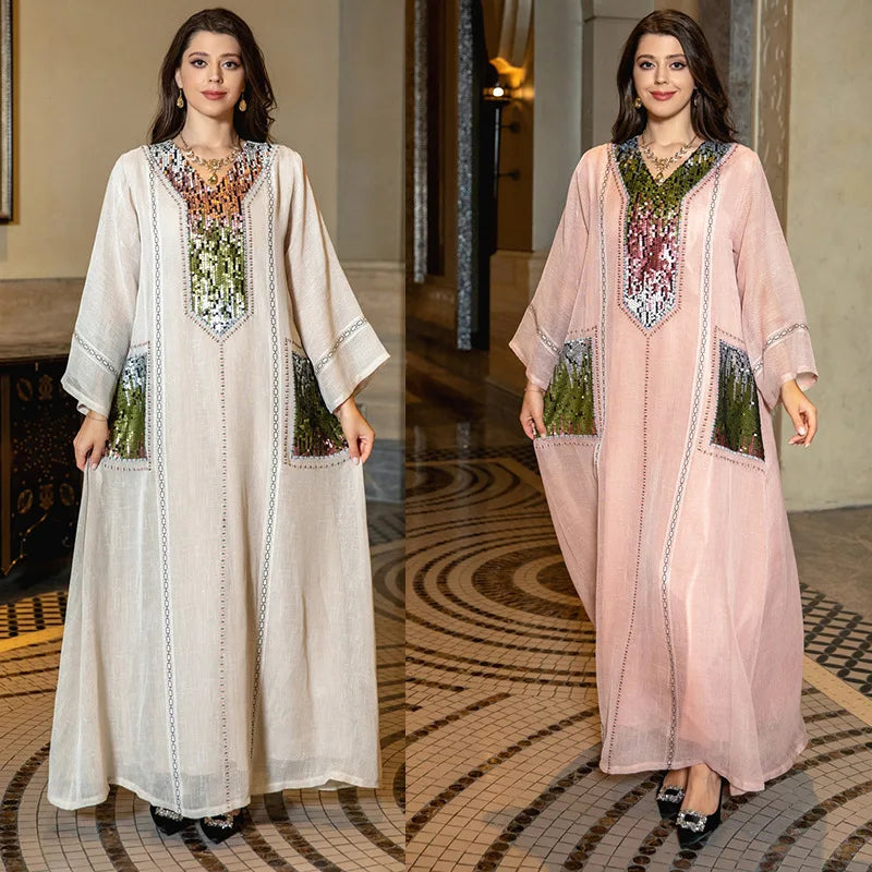 Eid Muslim Party Dress for Women Abaya Sequins Maxi Evening Long Dresses Jalabiya Morocco Dubai Abayas Kaftan Vestidos Long Robe