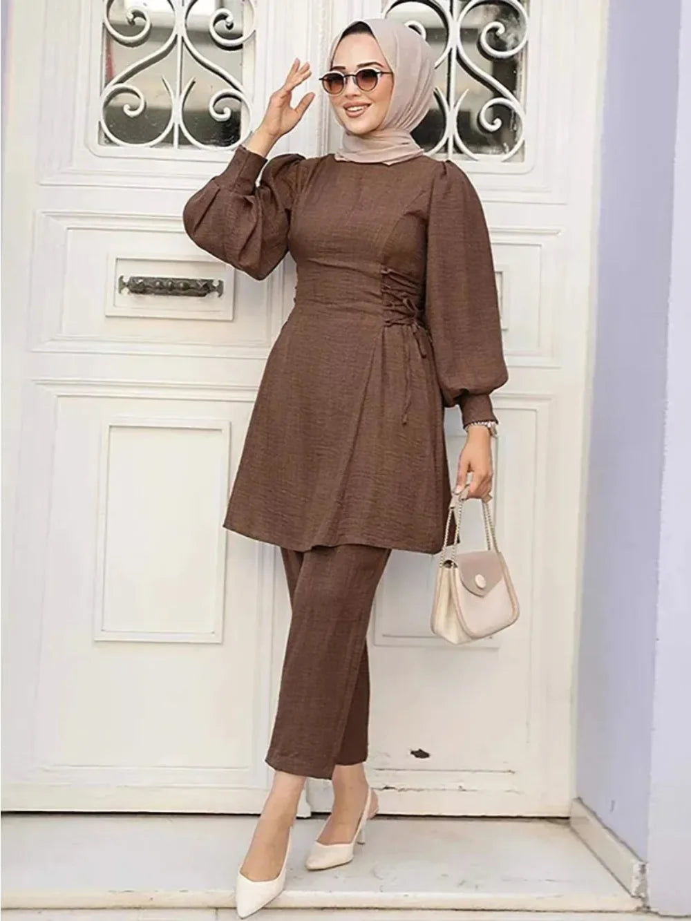 Muslim Women 2 Piece Set Women Lace Up Long Top Shirt Straight Pants Suit Ramadan Morocco Dubai  Ensemble Trousers Arabic Outfit