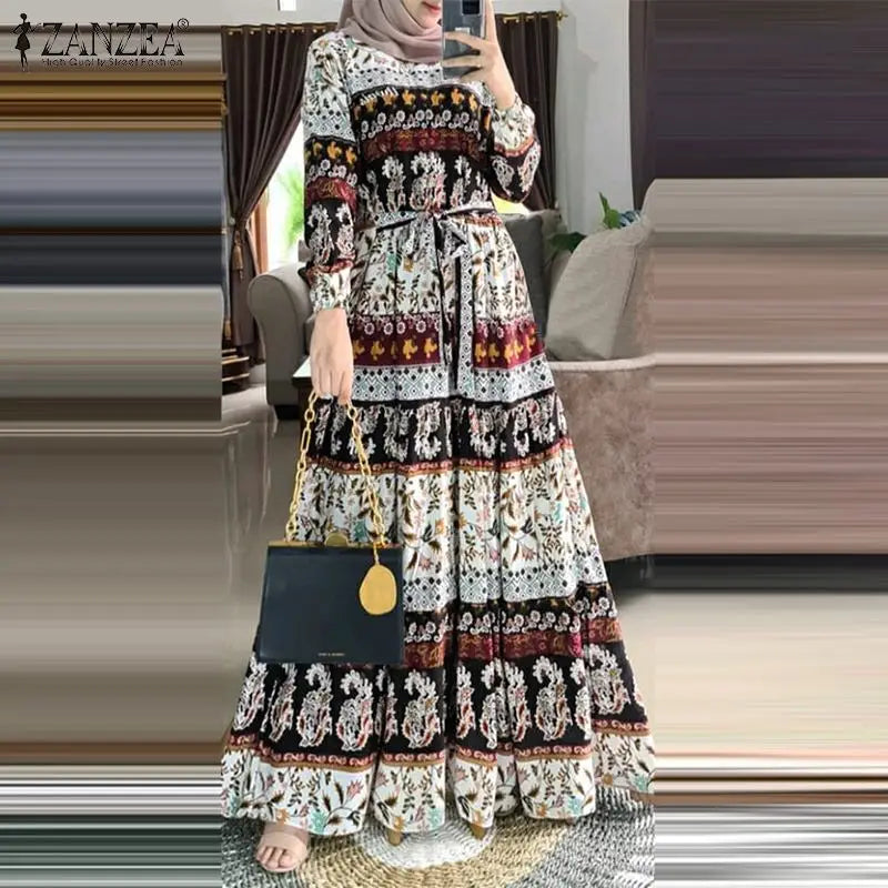 ZANZEA Bohemian Muslim Abaya Women Elegant Robe Stylish Floral Printed Maxi Dresses Casual Loose Ramadan Vestidos Kaftan 2024