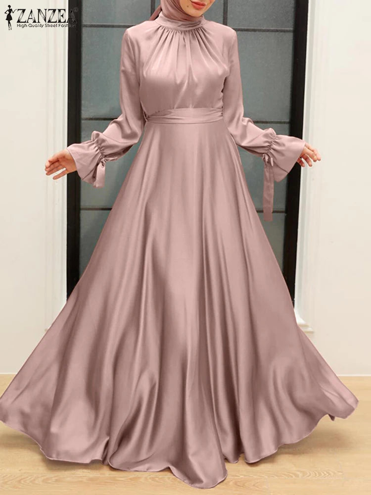 Elegant Muslim Dress Abaya Women Long Dress 2025 ZANZEA Long Sleeve Satin Party Sundress Robe Femme Turkey Hijab Vestidos Kaftan