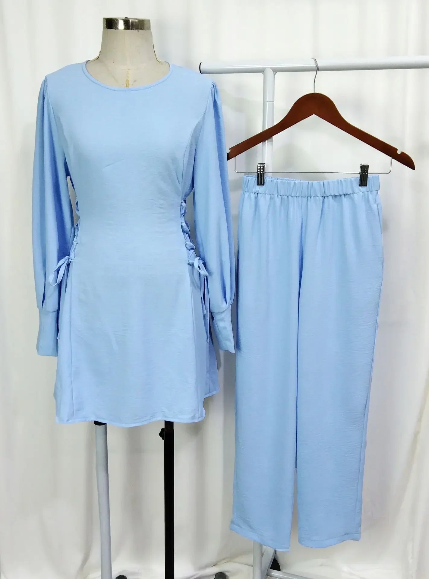 Muslim Women 2 Piece Set Women Lace Up Long Top Shirt Straight Pants Suit Ramadan Morocco Dubai  Ensemble Trousers Arabic Outfit