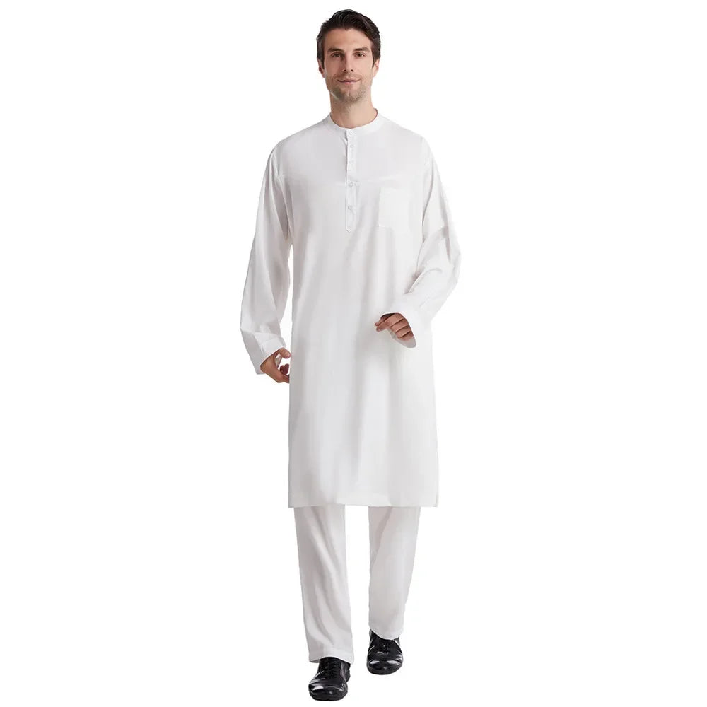 Men Jubba Thobe Muslim Two Pieces Set For Male Pakistan Dubai Saudi Abaya Prayer Islamic Clothing Worship Suit Arabic Ramadan