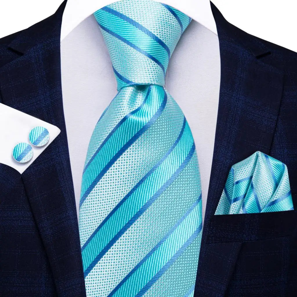 Hi-Tie Men Fashion Striped Navy Blue Necktie Handkerchief Cufflinks for Tuxedo Accessory Classic Silk Luxury Tie for Man Gift