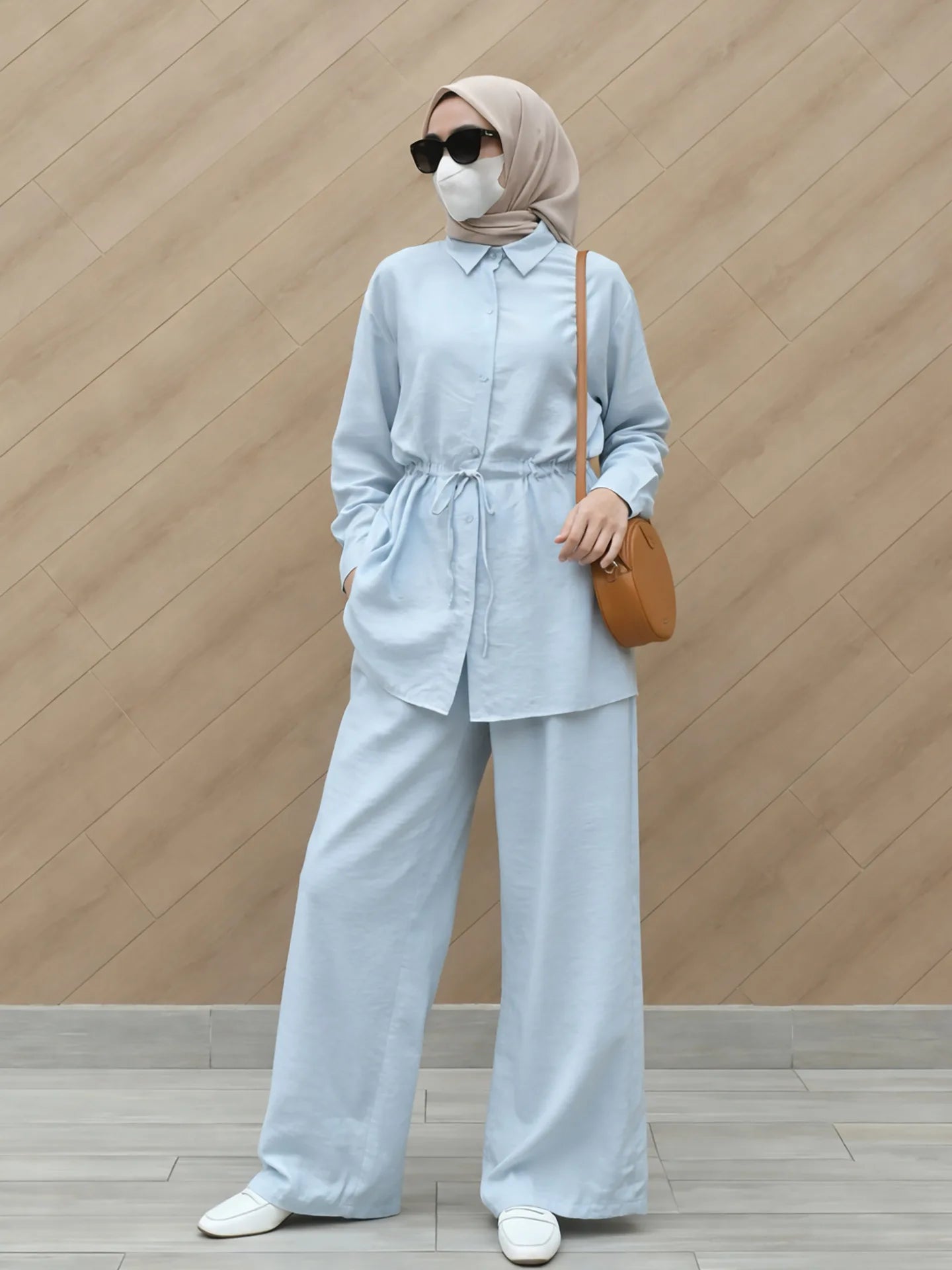 Turn Down Collar Rope Laced 2 Piece Set Women Clothing Wide Leg Pants Ramadan Prayer Dubai Islamic Clothes Turkish Abaya