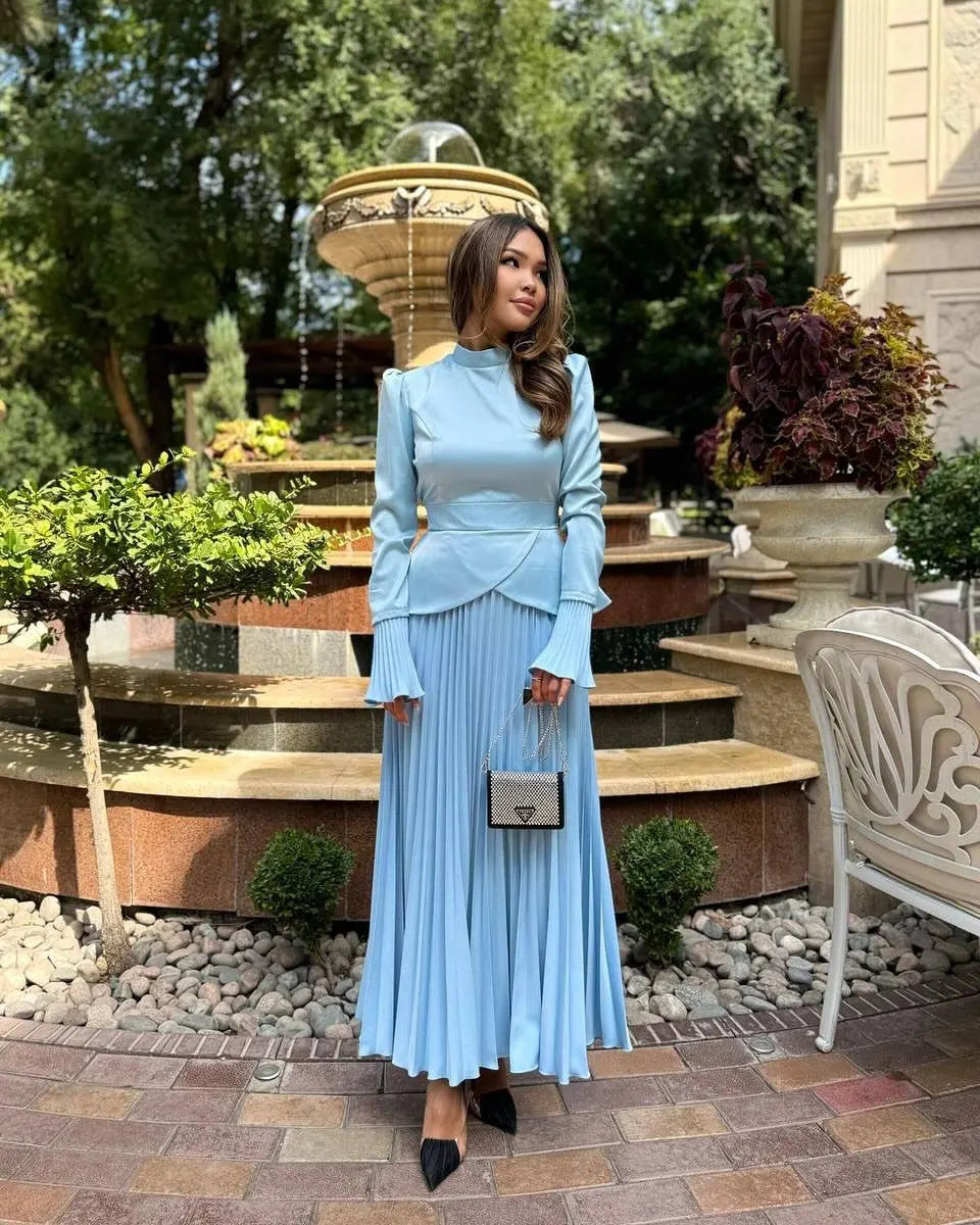Long Skirt Suit Women Muslim 2 Piece Sets Top Pleated Skirts Modest Outfits Dubai Ramadan Irregular Tops Lace Up Ensemble 2025