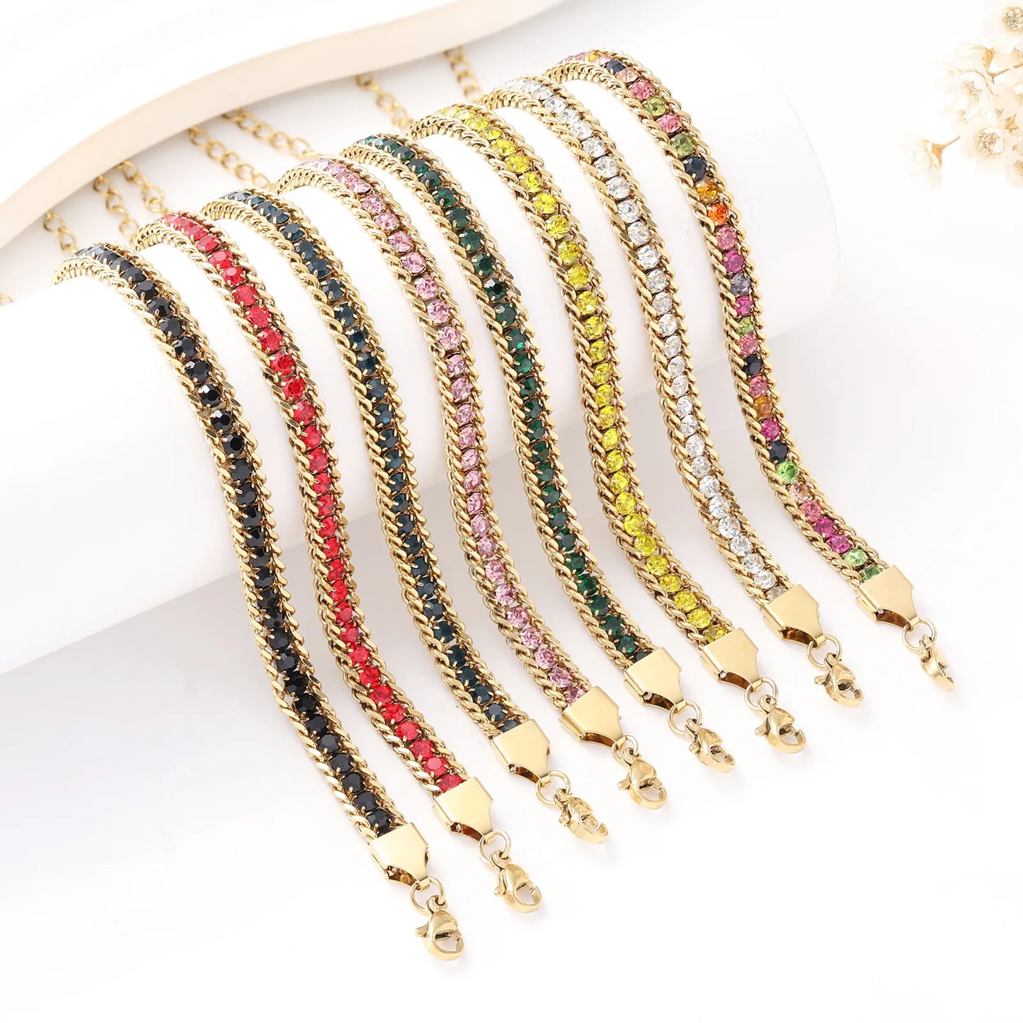 ZMZY Gold Color Women's Cubic Zirconia Stainless Steel Bracelet Adjustable Link Lightweight Non Tarnish Iced Out Chain Bracelet
