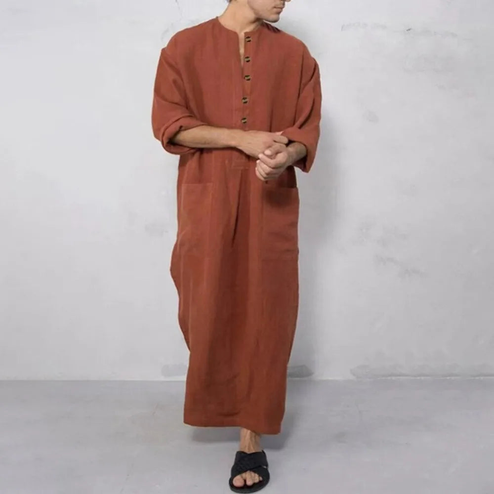 Dubai Style Loose Stand Collar Long Sleeve Thobe Traditional Islamic Casual Wear for Daily Use