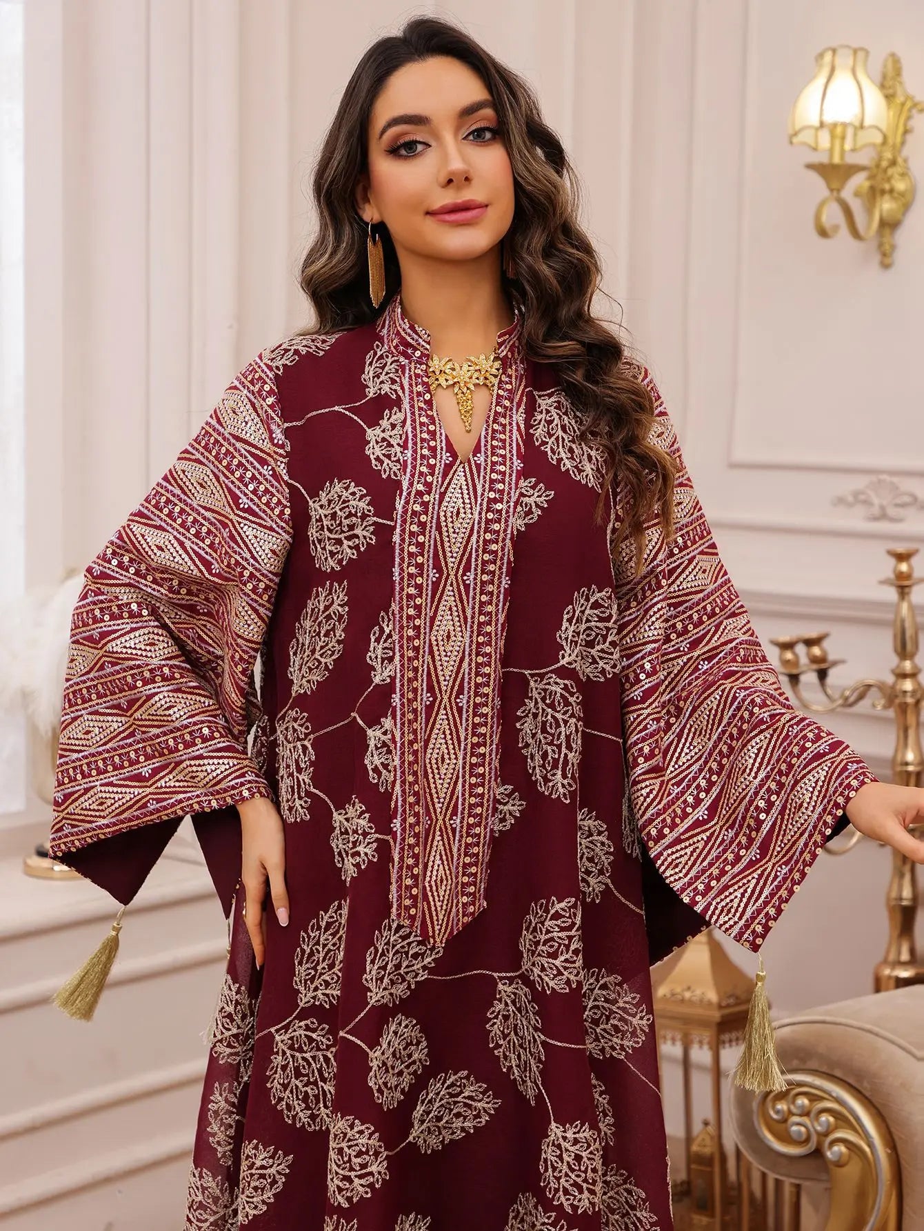 Elegant Light Green Abaya for Islamic Ladies Intricate Gold Embroidery and Tassel Accents Perfect for Festivities in Middle East