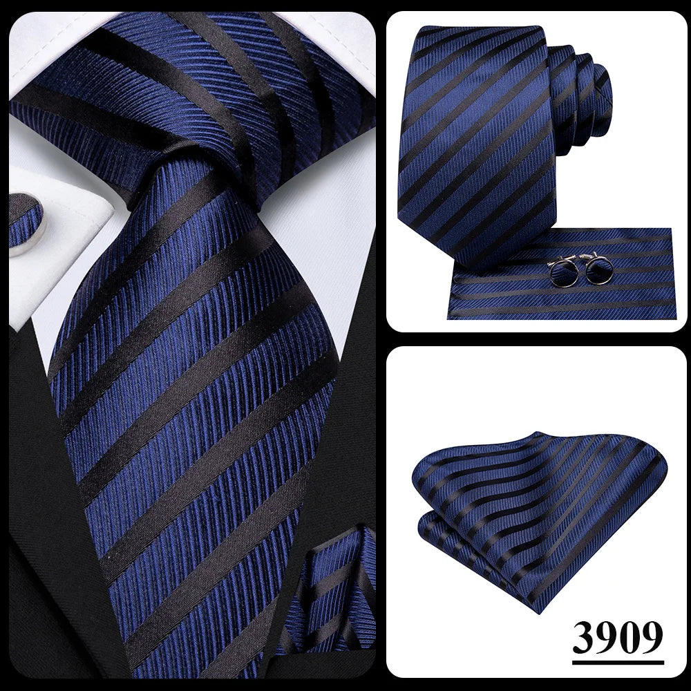 Hi-Tie Men Fashion Striped Navy Blue Necktie Handkerchief Cufflinks for Tuxedo Accessory Classic Silk Luxury Tie for Man Gift