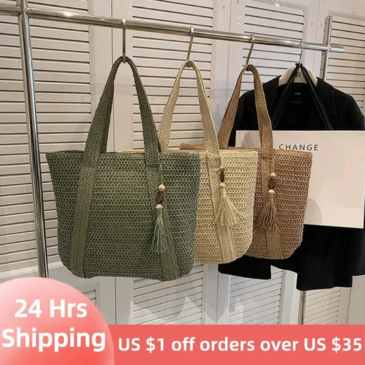 Straw Bag for Women Handmade Woven Shoulder Bag Large Capacity Tote Bags with Pendant Armpit Bag Top-handle Handbag Purse