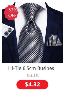 Hi-Tie Blue Business Solid Silk Men's Tie NeckTie 8.5cm Ties for Men Formal Luxury Wedding High Quality Gravata