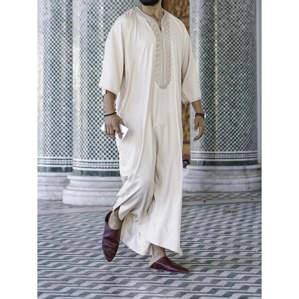 Men's Spring Muslim Thobe - Linen Blend Short Sleeve Boho Ethnic Loose Fit Casual Robe in White