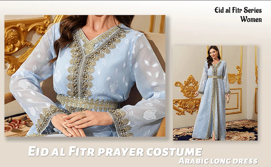 Muslim Abayas Moroccan Floral Maxi Kaftan Dress for Women Arabic Islamic Dubai Robe Ramadan Prayer Clothing
