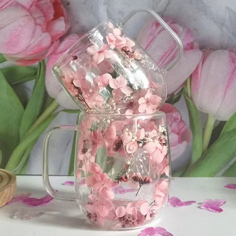1pc Double-walled Glass Coffee Mug With A Real Flower Design Inside, Suitable For Coffee, Milk, And Other Beverages.