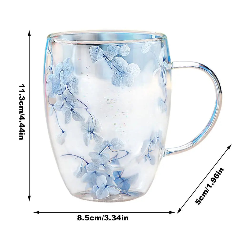 Aesthetic Dried Flower Glass Mug Double-Wall Insulated & Heat Resistant Perfect for Coffee, Tea, Office & Home Decor Gifts