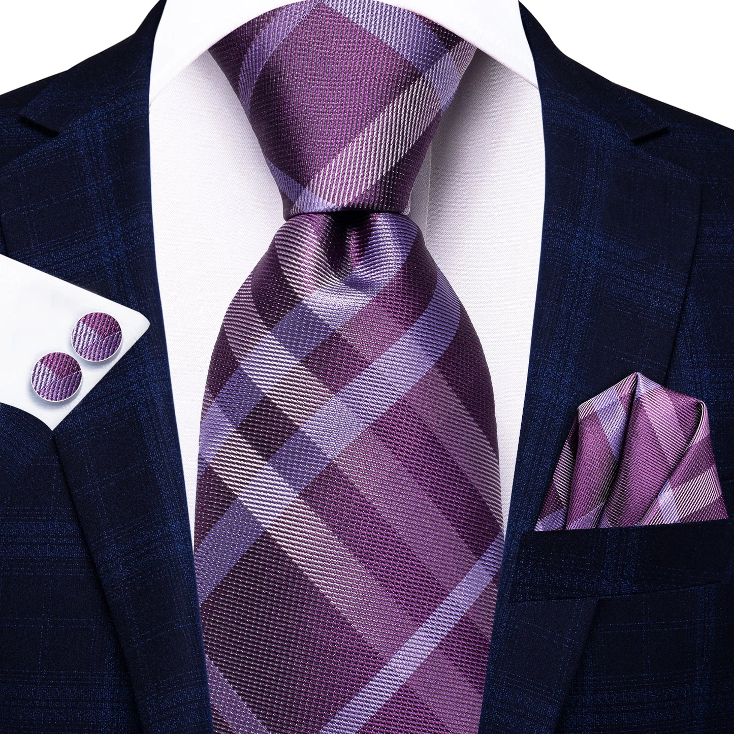 Hi-Tie Fashion 8.5cm Black Plaid Dots Men's Elegant Tie Handkerchief Cufflinks Set Wedding Party Accessories Gift for Men Gravat