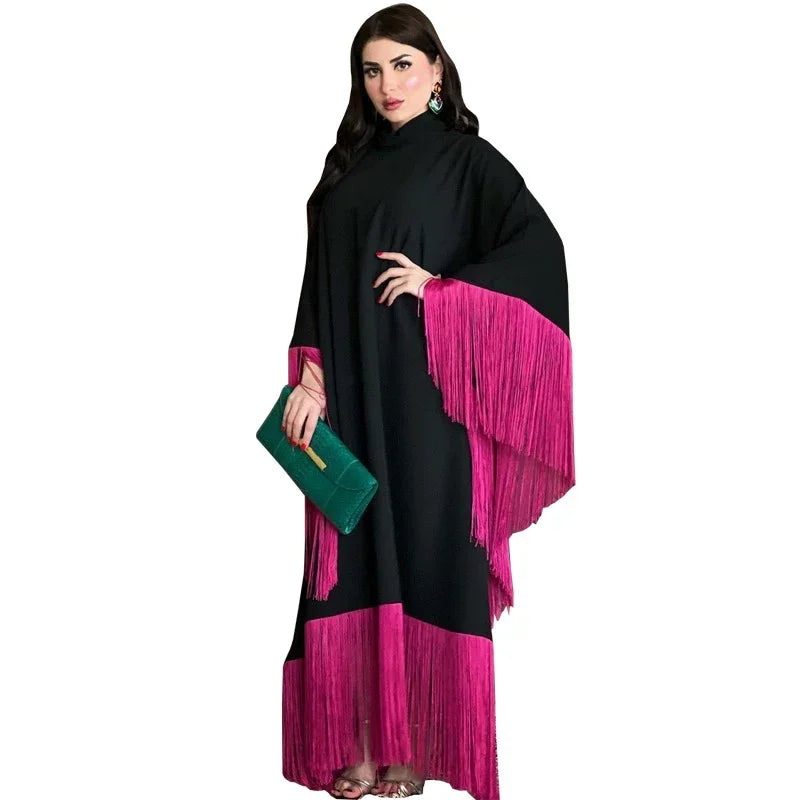 Modest Muslim Batwing Sleeve Gradient Color Tassel Kaftan Eid Al Adha Party Evening Dresses Moroccan Turkey Dubai Abaya Islam