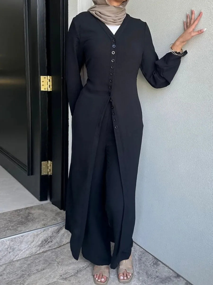 Muslim Dubai Türkiye Abayas For Women solid color Long Dresses buckle two-piece set Modest Ramadan Robe Femme Islam Clothing Set