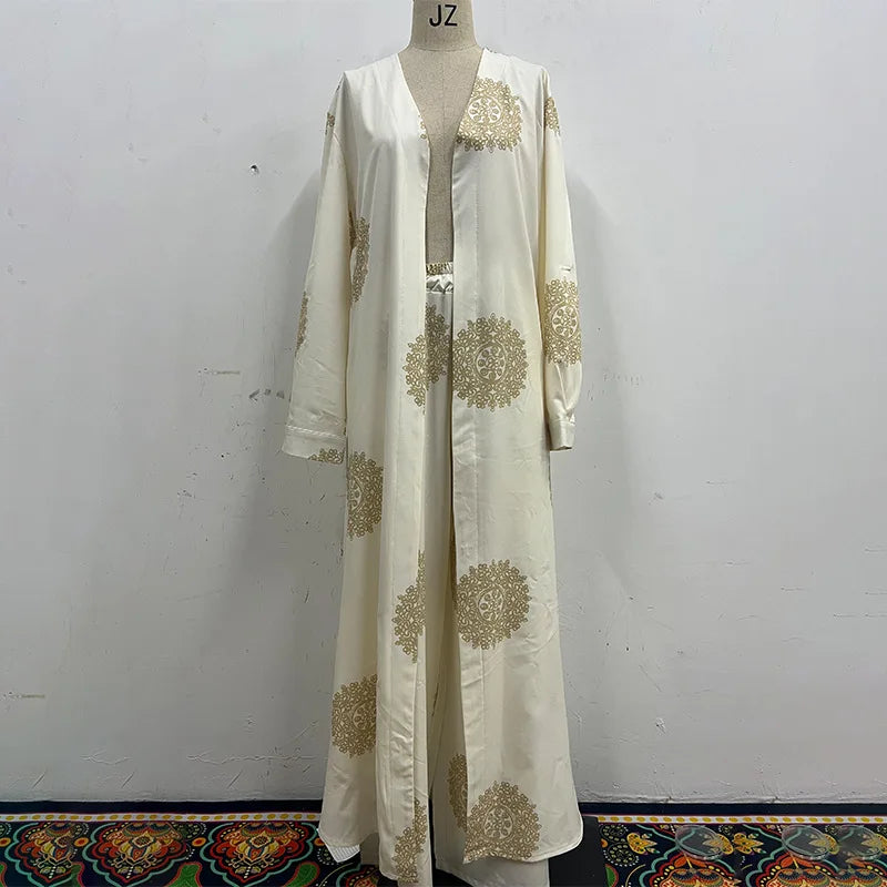 Long Coat 2 Piece Set Women Print Cardigan Wide Leg Pants Suit Ramadan Muslim Morocco Ensemble Dubai Islam Casual Arabic Outfits