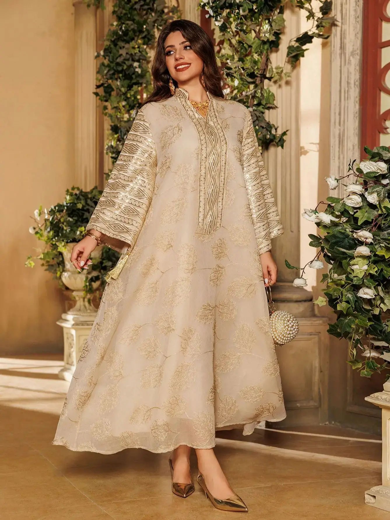 Elegant Light Green Abaya for Islamic Ladies Intricate Gold Embroidery and Tassel Accents Perfect for Festivities in Middle East